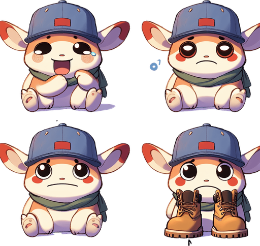 a cute monster in 4 emotions (happy, sad, hungry and neutral) wearing a snapback and Timberland shoes in Anime theme Single Game Texture. In-Game asset. 2d. Blank background. High contrast. No shadows.