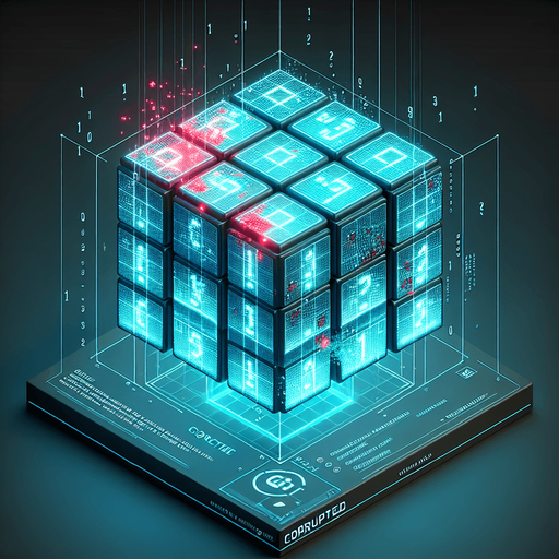 Design an isometric 3D holographic cube resembling a Rubik's cube. The cube should display the top face and two adjacent side faces, each divided into a 3x3 grid of cells. Each cell must contain either a '1' or a '0' in a glowing cyan-blue monospace font, visible on all three faces. A few specific cells across the cube should stand out with their binary digits ('1' or '0') highlighted in bright red.

To indicate corruption, overlay the cube with subtle glitch effects, such as flickering segments, static noise, and distorted gridlines. Add a small glowing text label floating near the cube that reads 'CORRUPTED' in bold red, with a slight flicker or distortion to enhance the corrupted feel. Ensure the cube retains its holographic aesthetic with a soft cyan glow, suspended in mid-air, projecting from a base below with ambient lighting and sci-fi effects.
Single Game Texture. In-Game asset. 2d. Blank background. High contrast. No shadows.