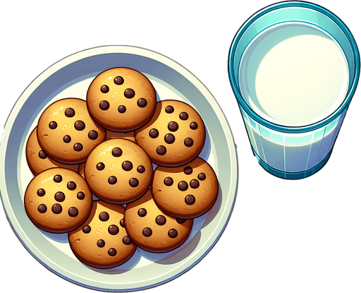 top down plate of cookies glass of milk. In-Game asset. Blank background. No shadows. Single Game Texture. In-Game asset. 2d. Blank background. High contrast. No shadows.