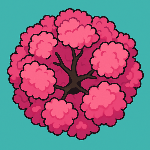 Top view of colorful pink tree looking upwards.
In-Game asset.  2d.  High contrast.  No shadows