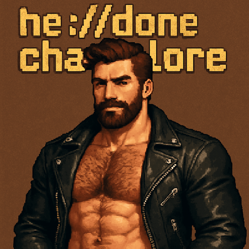 “he://done.ism 

uploaded: chasmlore” written out in black leather biker jacket shirtless hairy muscles hunks