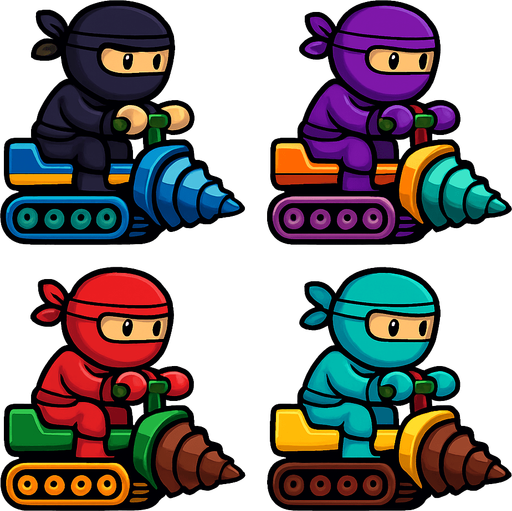 Different frames of a ninja digger, different colors, HD colors.
In-Game asset.  2d.  High contrast.  No shadows