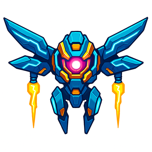 different cyber electro flying enemy from the front side facing camera. HD colors. separated
In-Game asset.  2d.  High contrast.  No shadows