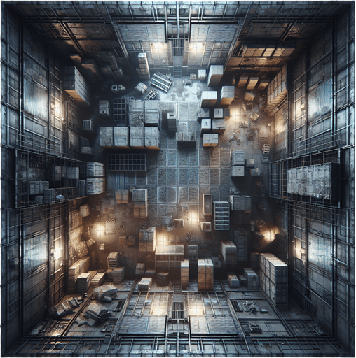 A gritty, industrial warehouse room viewed directly from above. The room has metallic walls, scattered debris, and crates across the floor. There are entrances in the middle center of each wall: top, bottom, left, and right, resembling doorways. The room fills the entire frame, with dim lighting to create an intense atmosphere..
Full-frame, top-down view of an industrial warehouse room. Metallic walls, scattered debris, and crates. Open entrances centered on each wall: top, bottom, left, and right. Dim lighting, no 3D perspective.
