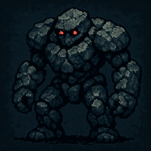 Kocaman kayadan oluşan golem kırmızı parıldayan gözlere sahip dark souls style 2d pixel art.
In-Game asset.  2d.  High contrast.  No shadows