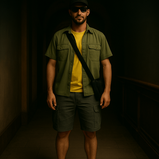 Full-length picture of the same character, his black hat and grey cargo shorts can be visible
