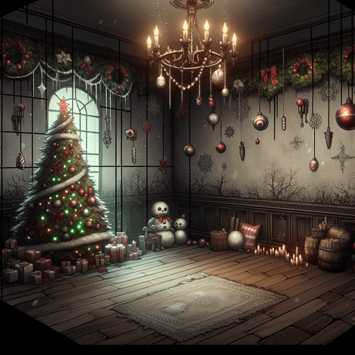 Eerie Christmas-inspired fuse similar to a resident evil room
Single Game Texture. In-Game asset. 2d. Blank background. High contrast. No shadows.