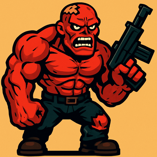 boss zombi çok kaslı akıllı ve silahlı sinirli kızgın ve ten rengi kırmızı.
In-Game asset.  2d.  High contrast.  No shadows