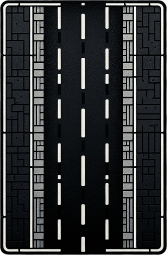 1. **Description Précise** : Je souhaite une représentation d'une route composée uniquement de l'asphalte, sans les éléments habituels qui délimitent les côtés de la route, tels que les trottoirs, les bordures, ou les lignes de démarcation latérales.

2. **Couleur et Texture** : Je souhaite que cette route soit de couleur noire. La texture est celle du goudron.

3. **Éléments de la Route** : Il n'y a pas de panneaux, juste un marquage centrale réglementaire blanc de délimitation entre le cote droit et le cote gauche. Il y a aussi 
 les marquages latéraux composés d'une ligne continue blanche réglementaire.

4. **Perspective et Dimension** : Je souhaite une vue de dessus, pas de perspective en 3D, ni de  vue en angle. Le sens est vertical, c'est à dire qu'on parcours la route en partant du haut vers le bas de l'écran. La largeur est quatre fois moins grande que la hauteur. La largeur de la route en haute l'écran est la même que la largeur en bas de l'écran.

5. **Contexte et Environnement** : il s'agit d'une route de campagne seule. On la regarde d'en haut et on ne voit que la route. L'image de la route commence et fini au bord de la route sur les quatre cotes..
Single Game Texture. In-Game asset. 2d. Blank background. High contrast. No shadows.