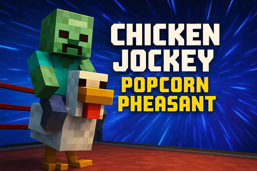 modern App Store banner, high definition, Minecraft style chicken jockey picture with hyperspace wrestling ring background title text on banner that says "Chicken Jockey : Popcorn Pheasant"