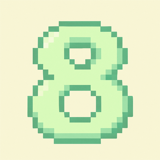 A pixel art number "8" designed for a cozy, cute retro 2D game UI with a bird theme. The number is rendered in soft pastel light green tones to harmonize with the gentle and sweet aesthetic of the game. It has a clean, simple, and rounded pixel style with no harsh edges, fitting perfectly within the pixel art UI style. The number is bold and easily readable at small sizes..
In-Game asset.  2d.  High contrast.  No shadows. pixel art. retro. 2d ui. number. pastel light green. simple. rounded edges. bold. cute. minimal