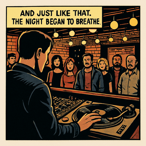 A comic panel styled like a square photo print with a clean white border. Realistic comic art. Scene: Over-the-shoulder view of Noah at the booth, the crowd in the bar small but curious. One hand on the vinyl, lights begin to flicker rhythmically. Narrator box at the top reads: “And just like that, the night began to breathe.”.
In-Game asset.  2d.  High contrast.  No shadows