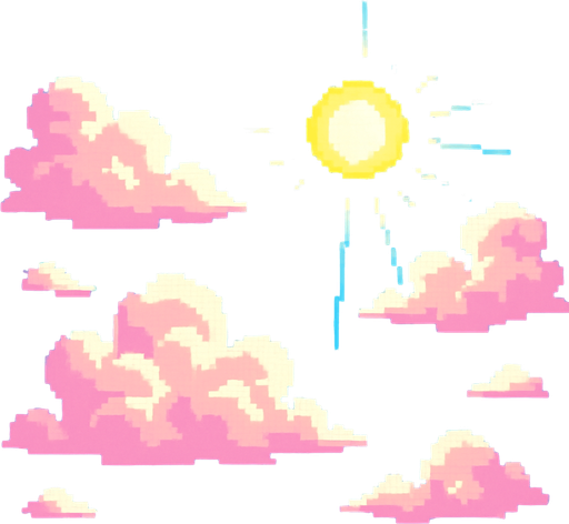 Bright day sky, cotton candy clouds, clear blue background, sun rays, cheerful mood, 2D pixel art.
In-Game asset.  2d.  High contrast.  No shadows
