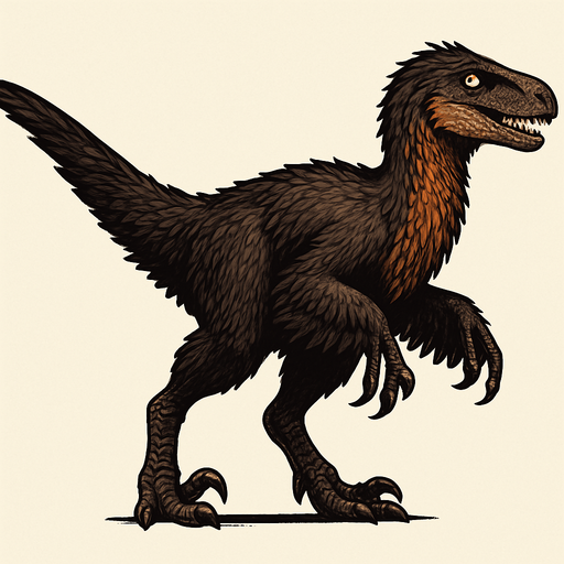 A large, realistic Utahraptor dinosaur covered in dense, shaggy feathers. The plumage is a mix of dark brown, black, and rusty orange along the neck and tail. It has long, powerful legs with a signature sickle-shaped claw on each foot, and feathered arms resembling wings. The head is narrow with a curved snout, sharp teeth visible, and piercing amber eyes. The long tail is covered in sleek feathers, giving balance and a bird-like appearance..
In-Game asset.  2d.  High contrast.  No shadows