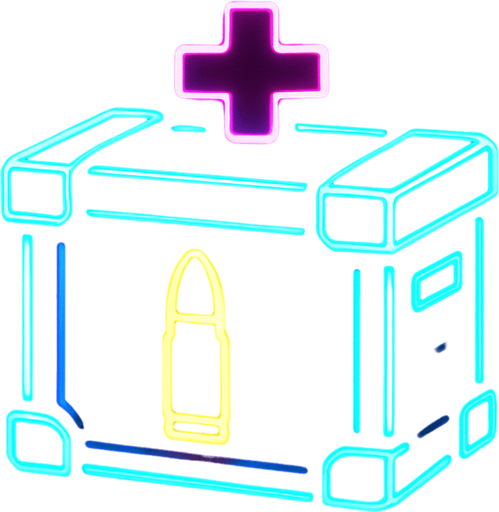 Üstünde mermi resmi olan bir hava yardım kutusu. Neon ışıklı.
In-Game asset.  2d.  High contrast.  No shadows