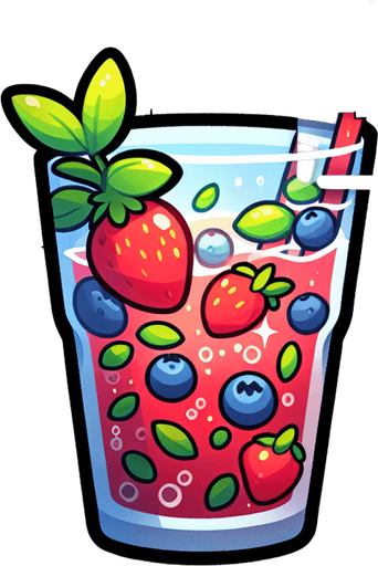 A nice glass of lemonade with strawberries and blueberries.
Single Game Texture. In-Game asset. 2d. Blank background. High contrast. No shadows.