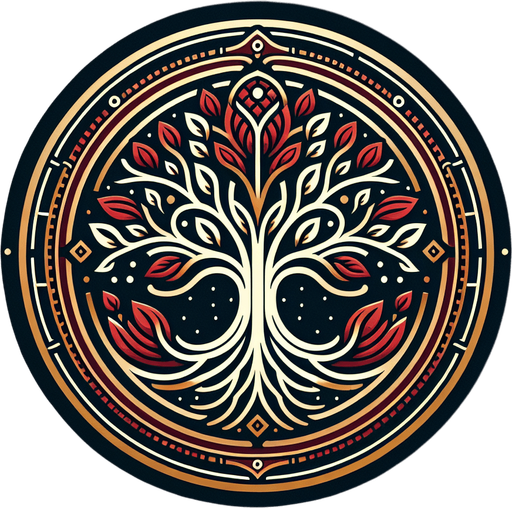 A circular emblem with a tree at its center, its branches intertwining with a glowing red lineage symbol..
Colors: Deep red, gold, and subtle white highlights.