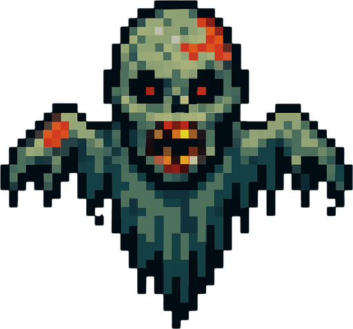 Um fantasma zumbi voador, arte pixel, vista aerea frontal.
In-Game asset.  2d.  High contrast.  No shadows