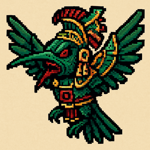 Genérame una olibrí Esmeralda Andina guerrero azteca con eso patrones, estilo pixelar, con una apariencia maligna, ojos rojos, rabioso. Unidad aerea con alas. Animal.
In-Game asset.  2d.  High contrast.  No shadows