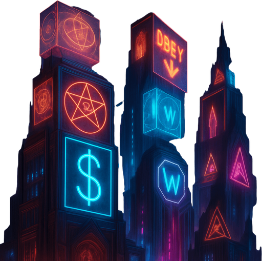 Neon cyberpunk skyscraper occult corporate logos-mixed with dark esoteric sigils capitalist subliminal commands 3d holograms billboards projections brutalist sleek architecture futuristic architecture multidimensional towering city spires glowing