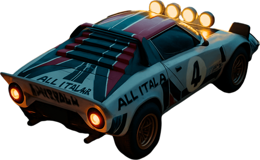Photorealistic Lancia Stratos Rallycar in nightlight, drone topview from back and 45 degrees angle in top right corner. Replace Lancia to Lacika and Alitalia to All Italia