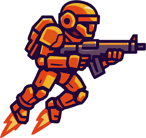 tentara robot terbang sambil memegang senjata rifle. side scroll view.
In-Game asset.  2d.  High contrast.  No shadows