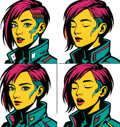 Cyberpunk girl looking to the camera by side, the half upper part of it only not all body, different frames opened eyes opened mouth, closed eyes closed mouth, opened eyes closed mouth, closed eyes opened mouth, each frame in one image.
In-Game asset.  2d.  High contrast.  No shadows