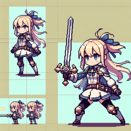 generate a 2d asset pixel art spritesheet of a anime girl knight with two frames. one idle and one attacking with a sword
Single Game Texture.  In-Game asset.  2d.  Blank background.  High contrast.  No shadows