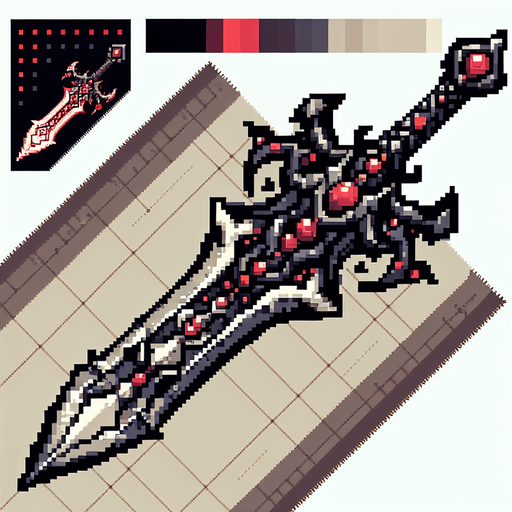 pixel art of an evil fantasy sword facing downward. Minor red details.
Single Game Texture. In-Game asset. 2d. Blank background. High contrast. No shadows.