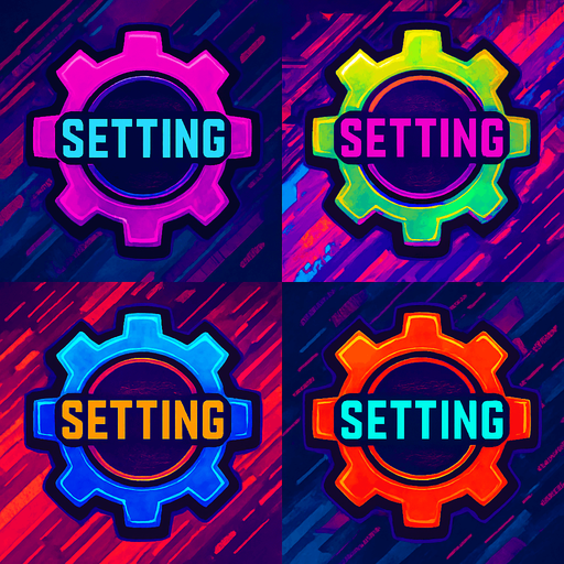 Setting buttons shapes as gears or cogs have text 'Setting'. HD colors. cyberpunk. Abstract. Different colors.
In-Game asset.  2d.  High contrast.  No shadows