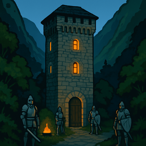 A hidden stone tower in a lush mountain pass, guarded by loyal knights, soft firelight glowing from narrow windows, peaceful and fortified, realistic.
In-Game asset.  2d.  High contrast.  No shadows
