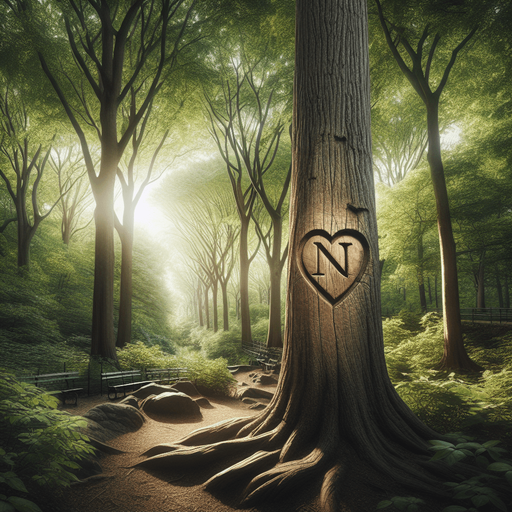 Photorealistic landscape in the New York central park. 
Show the forest and on the trunk of the very first tree, a heart should be carved into it and the letter N in the heart.