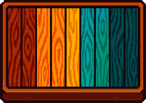 A long rectangular wooden cutting board counter with different colored laminated wooden strips. Top down view. 80s arcade machine graphics..
In-Game asset.  2d.  High contrast.  No shadows