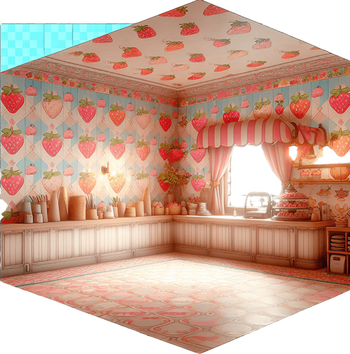 A cute kawaian bakery interior with strawberry tiles. Single Game Texture. In-Game asset. 2d. Blank background. High contrast. No shadows.