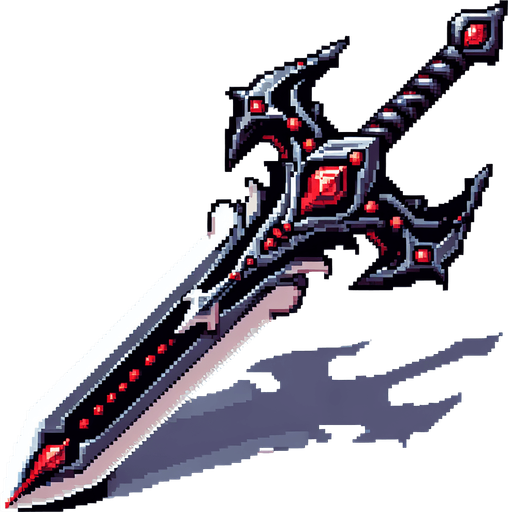 pixel art of an evil fantasy sword facing downward. Minor red details.
Single Game Texture. In-Game asset. 2d. Blank background. High contrast. No shadows.