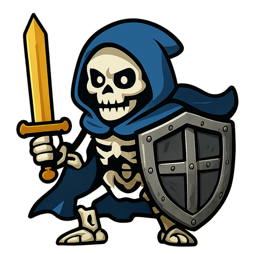 Skeleton with a blue hoodie and cape, golden sword and a reinforced iron shield.
In-Game asset.  2d.  High contrast.  No shadows