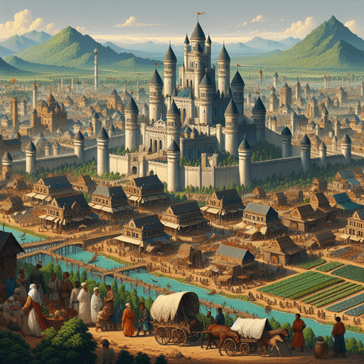 "A grand medieval-fantasy empire in a semi-realistic art style, featuring a thriving kingdom with towering castles, bustling trade markets, and well-planned roads connecting different towns. The scene includes farmers tending fields, merchants with carts full of goods, soldiers guarding the city gates, and distant mountains on the horizon. Defensive walls protect the kingdom, while caravans move across a strategic trade route. The environment is vibrant, with lush greenery, rivers flowing through the land, and players directing resource management and expansion from a bird's-eye view.".
Single Game Texture.  In-Game asset.  2d.  Blank background.  High contrast.  No shadows
