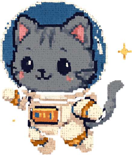 A cute gray chibi-style anime kitten, dressed in an astronaut suit and drifting through the universe, rendered in Pixel Art.