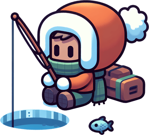 Мультяшный рыбак зимой сидит рыбачит.
Single Game Texture.  In-Game asset.  2d.  Blank background.  High contrast.  No shadows