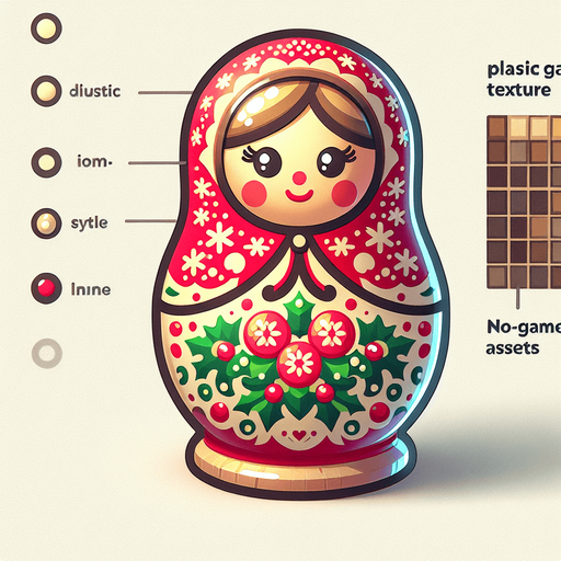 One Christmas Matryoshka Doll. Plastic style Single Game Texture. In-Game asset. 2d. Blank background. High contrast. No shadows.