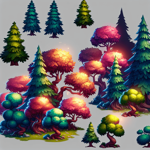 A group of stylized mid-ground trees for a vibrant 2D side-scrolling game. The trees should be clustered together, featuring a mix of pine and deciduous trees with slightly exaggerated shapes and soft shading. The colors should be rich and vibrant, blending well with a semi-realistic fantasy environment. Some trees should have glowing highlights on the edges for a magical effect. The background should be slightly blurred to create depth, with a painterly texture.".
Single Game Texture.  In-Game asset.  2d.  Blank background.  High contrast.  No shadows