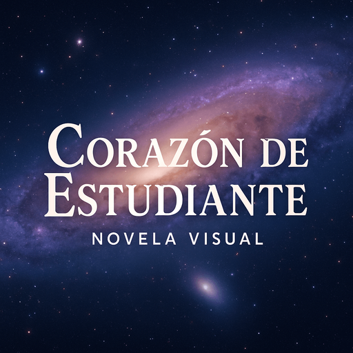 Create a title screen logo with the following text:
"Corazón de Estudiante - Novela Visual"
Behind the text, the Andromeda Galaxy (M31) stretches across the background, creating a dreamy, cosmic atmosphere that evokes mystery and romance.