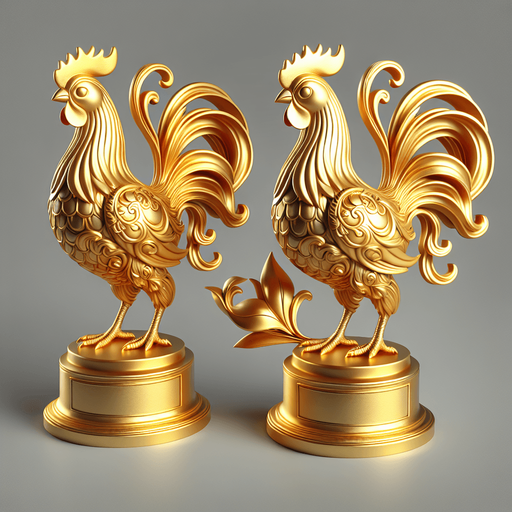 Golden chicken trophy.
Single Game Texture.  In-Game asset.  2d.  Blank background.  High contrast.  No shadows