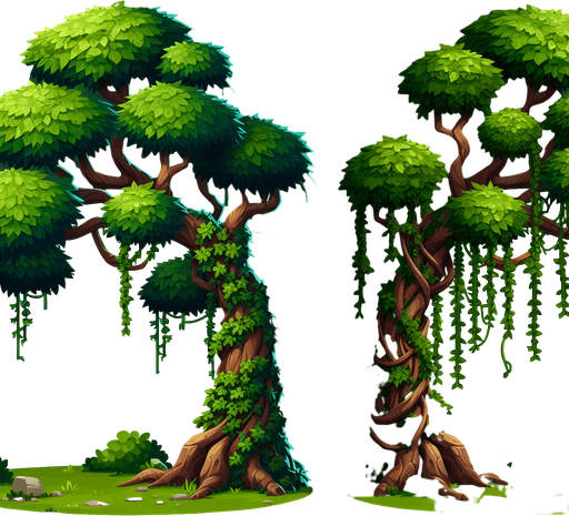 tree with vines.
In-Game asset.  2d.  Blank background.  High contrast.  No shadows
