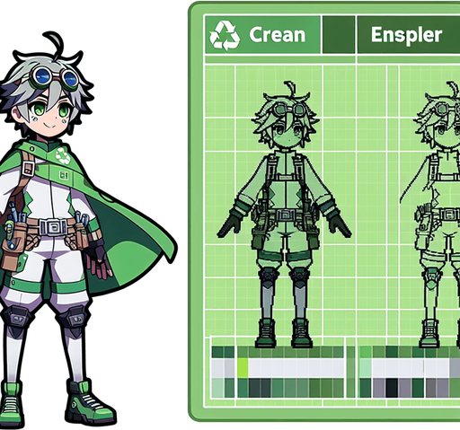 Anime eco hero.
Single Game Texture.  In-Game asset.  2d.  Blank background.  High contrast.  No shadows