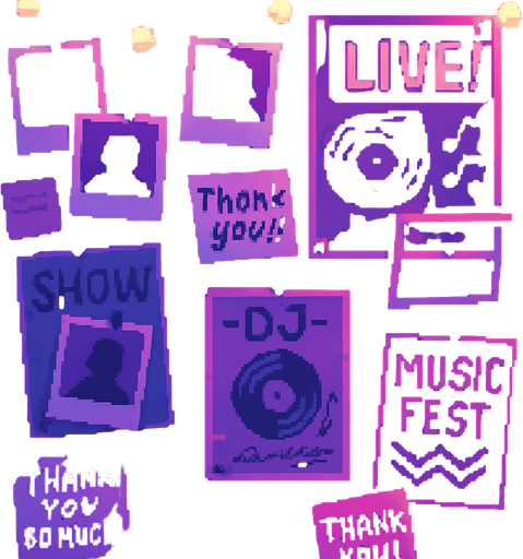 A 2048x2732 vertical pixel art background for a credits screen in a rhythm-based pixel art game. The scene shows a cozy wall in the same neon-lit DJ studio, filled with pinned polaroid photos, signed posters, music flyers, sticky notes, and handwritten thank-you notes. Soft glowing fairy lights hang above. The lighting is soft pink, violet and blue, with a nostalgic, emotional, and heartfelt vibe. No characters or UI — just a decorative wall filled with creative memories and gratitude..
In-Game asset.  2d.  High contrast.  No shadows