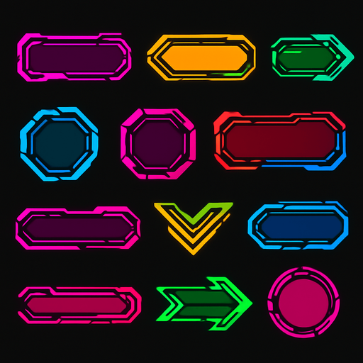 Buttons assets. cyberpunk. abstract. futuer. different colors. HD colors.
In-Game asset.  2d.  High contrast.  No shadows
