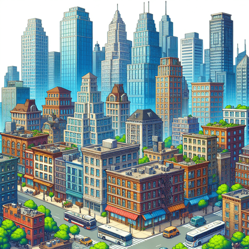 create a city with buidlings.
Single Game Texture.  In-Game asset.  2d.  Blank background.  High contrast.  No shadows