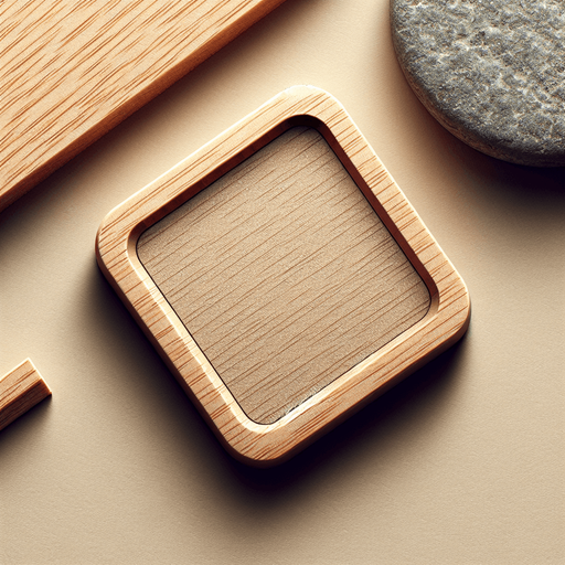 flat sqare button with blank space for the text , made of wood, with a very thin stone slightly rounded trim. --ar 3:1