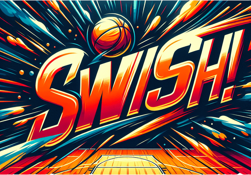 Text announcing 'Swish!'.
Basketball. Text only. Tv style ad.